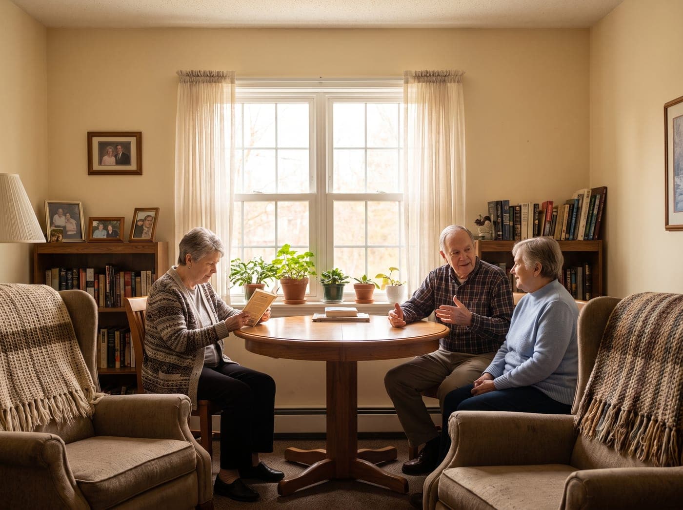 Residents talking together in the sitting room of a small care home