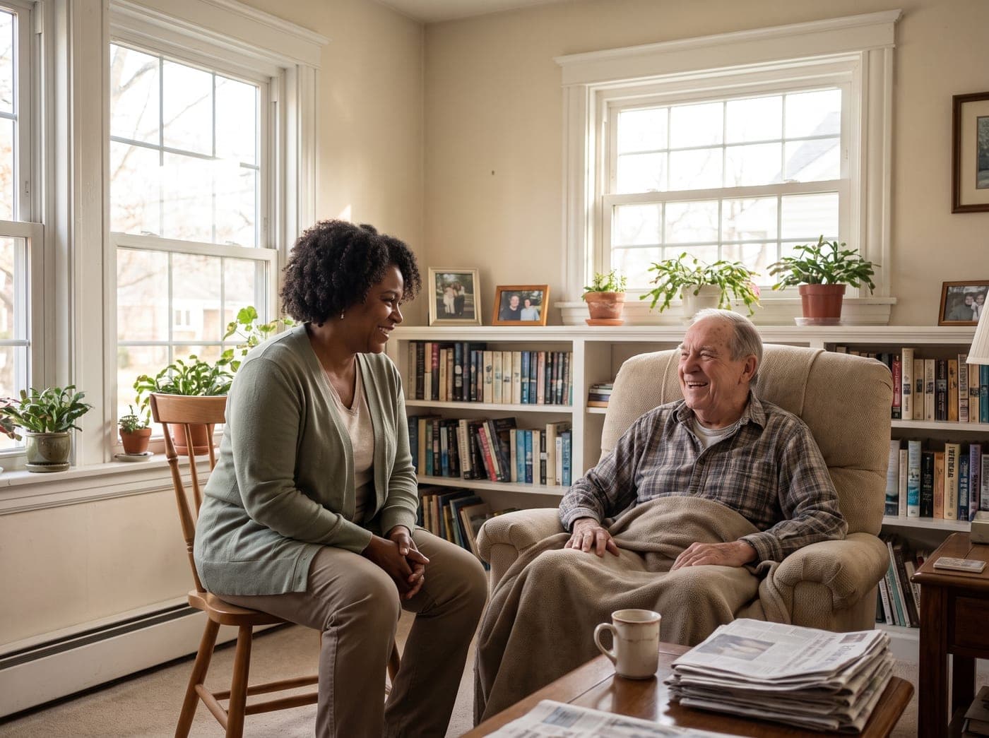 A home care aide talking with an older man in his living room